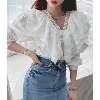 Lace-ruffled Puff-sleeve Blouse