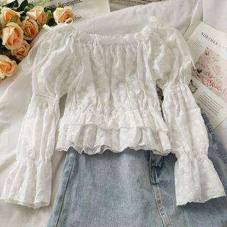 Elastic-boatneck Embroidered Crop Top White - One Size