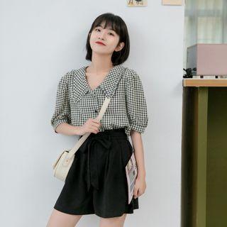 Set: Plaid Short-sleeve Blouse + Plain Wide-leg Shorts Set Of 2 - Blouse - As Shown In Figure - One Size / Shorts - As Shown In Figure - One Size