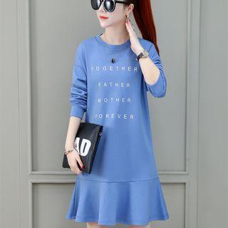 Long-sleeve Lettering Ruffle Hem Shift Dress