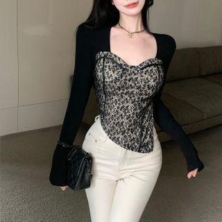 Irregular Lace Panel Cropped T-shirt