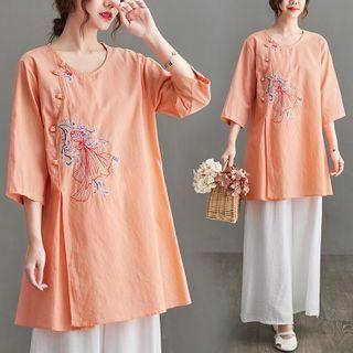 3/4-sleeve Embroidered Frog Button Blouse / Wide Leg Pants