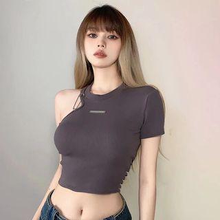 Short-sleeve One-shoulder Slim Fit Cropped T-shirt
