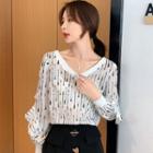 Long-sleeve Printed Ruffled V-neck Chiffon Blouse