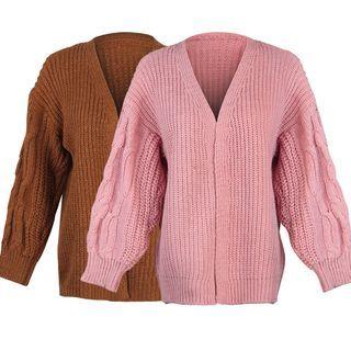 Long-sleeve V-neck Ribbed Plain Knit Cardigan