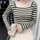 Long-sleeve Square-neck Striped Knit Top