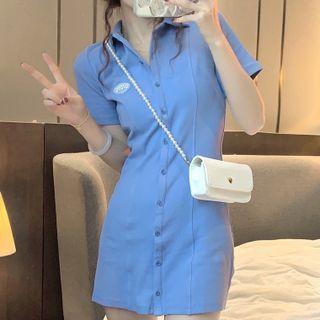Short-sleeve Polo-neck Single-breasted Mini Bodycon Dress
