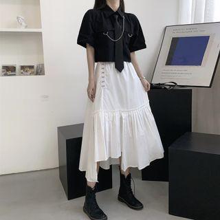 Short-sleeve Shirt / Shirred Midi A-line Layered Skirt
