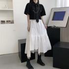 Short-sleeve Shirt / Shirred Midi A-line Layered Skirt
