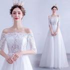 Off-shoulder Elbow-sleeve Mesh A-line Wedding Gown
