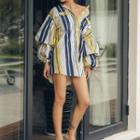 Lantern-sleeve Striped Loose-fit Shirt As Shown In Figure - One Size