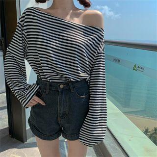 One-shoulder Long-sleeve Striped T-shirt