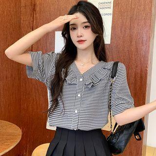 Puff-sleeve Ruffle Collar Gingham Blouse