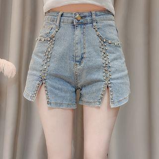 High-waist Rhinestone Slit Denim Hot Pants