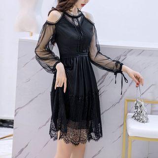 Mesh-sleeve Cold-shoulder Lace Panel A-line Dress