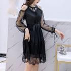 Mesh-sleeve Cold-shoulder Lace Panel A-line Dress