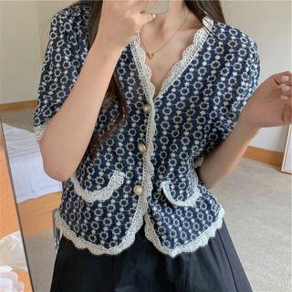 Elbow-sleeve Lace Button-up Top