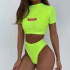 Set: Short-sleeve Letter Embroidered Crop Top + Panties