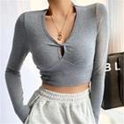 Long-sleeve V-neck Twist Plain Cropped Top