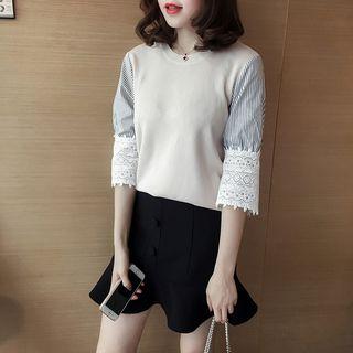 Striped Panel 3/4-sleeve Sweater