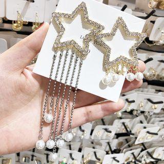 Non-matching Rhinestone Star Faux Pearl Fringed Earring 1 Pair - Gold - One Size