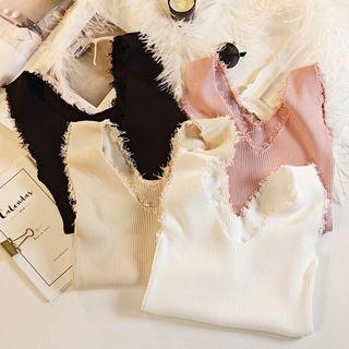 Frayed V-neck Knit Tank Top