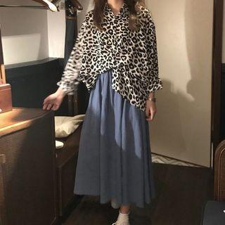Leopard Pattern Shirt / Plain Midi A-line Skirt