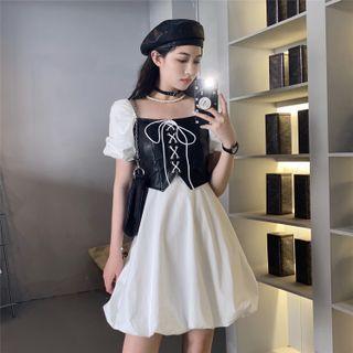 Mock Two Piece Puff-sleeve Square Neck A-line Mini Dress