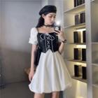 Mock Two Piece Puff-sleeve Square Neck A-line Mini Dress