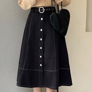 High-waist Single-breasted Button A-line Stitched Midi Skirt
