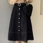 High-waist Single-breasted Button A-line Stitched Midi Skirt
