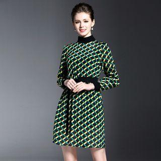 Diamond Pattern Long Sleeve A-line Dress