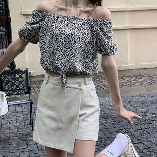 Balloon-sleeve Leopard Print Blouse / Short-sleeve Lettering Cropped T-shirt / Denim Skort