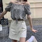 Balloon-sleeve Leopard Print Blouse / Short-sleeve Lettering Cropped T-shirt / Denim Skort