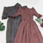Floral Smocked Elbow-sleeve A-line Dress