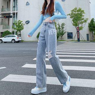 Lettering Distressed Loose Fit Jeans