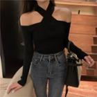 Long-sleeve Cutout Knit Top Black - One Size