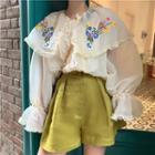 Bell-sleeve Peter Pan Collar Floral Embroidered Ruffled Blouse / High-waist Shorts