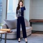 Set: Two Tone Velvet Top + Wide-leg Pants