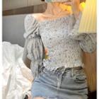 Puff-sleeve Floral Print Smocked Blouse Blue - One Size