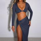 Set: Long-sleeve Plunge Crop Top + Twist Slit Maxi Skirt