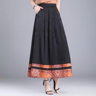 Print Trim Midi A-line Skirt