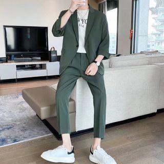 Set Of 2: Long-sleeve Plain Blazer + Pants