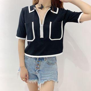 Contrast Trim Half-zip Elbow-sleeve Top Black - One Size