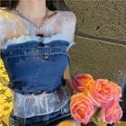Short-sleeve Lace See-through Top / Eyelet Lace Panel Denim Tube Top