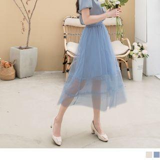 Frilled Trim Mesh Overlay Midi Skirt