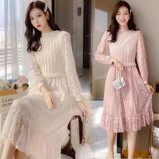 Mock Two-piece Lace Long-sleeve Midi A-line Dress