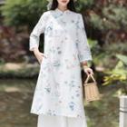 3/4-sleeve Floral Print Midi A-line Qipao Dress