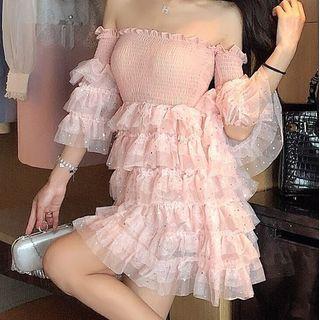 3/4-sleeve Frill Trim Off Shoulder Dress