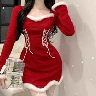 Long-sleeve Fluffy Trim Lace-up A-line Dress